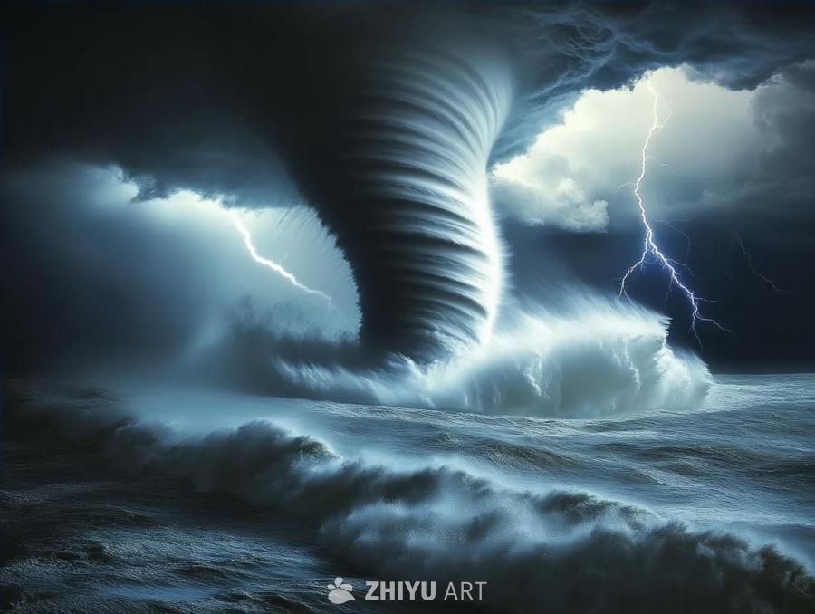 巨大的龙卷风在水面上旋转，漏斗云从暴风雨的天空延伸