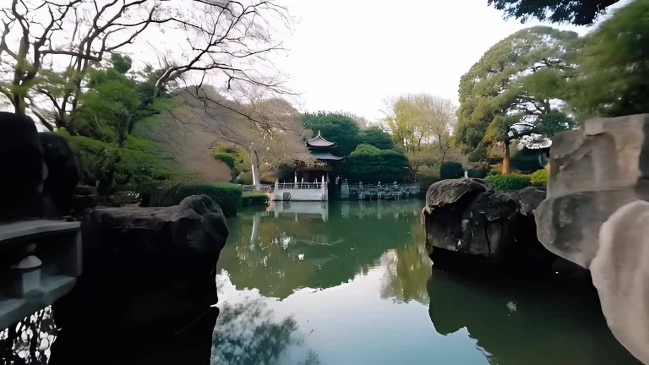 假山、回廊和池塘相互映衬，水面平静，倒映着岸边的景