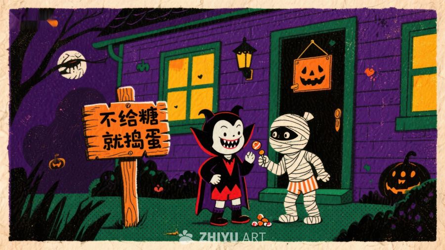 万圣节夜晚，小吸血鬼与木乃伊讨糖