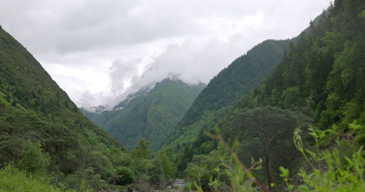 川西山谷云雾雪山自然风光实拍航拍壮观大气视频