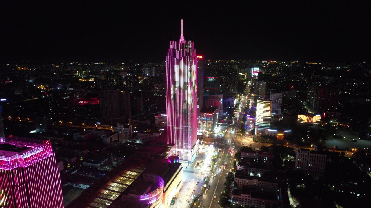 河北保定城市夜景万博广场夜景航拍 