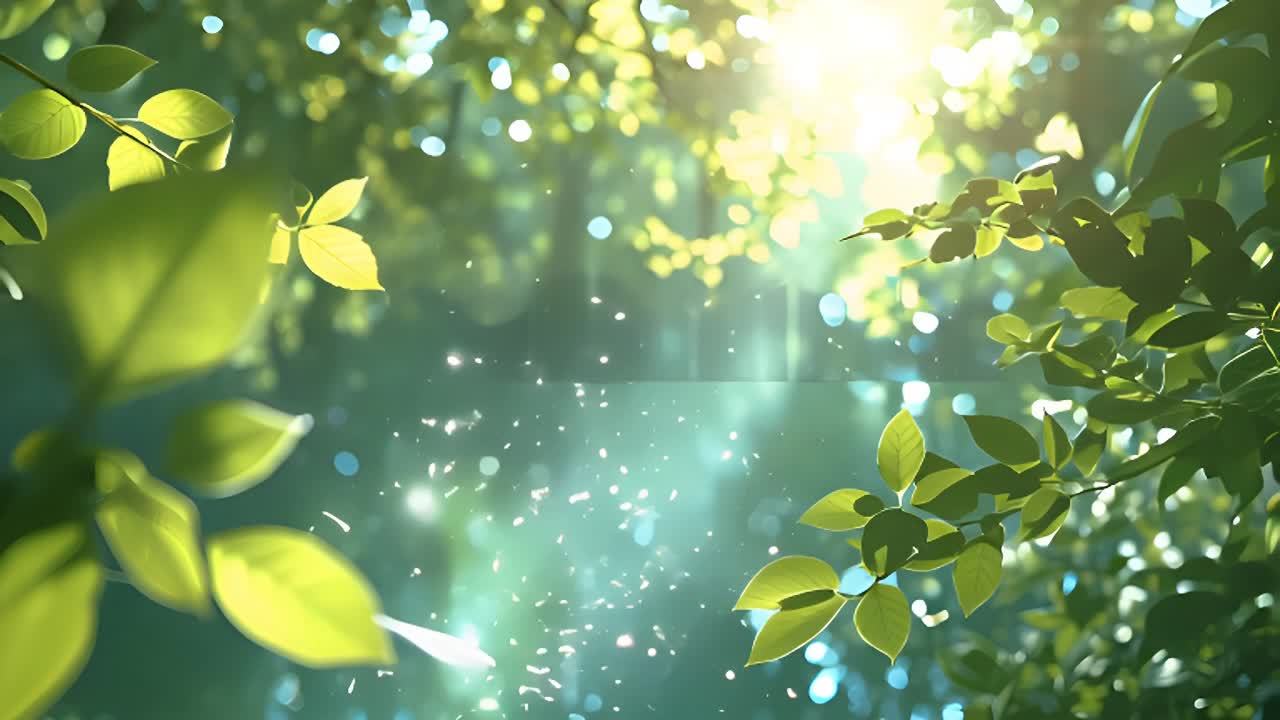 树叶繁茂，阳光穿透叶片，形成光斑，背景模糊，有音符