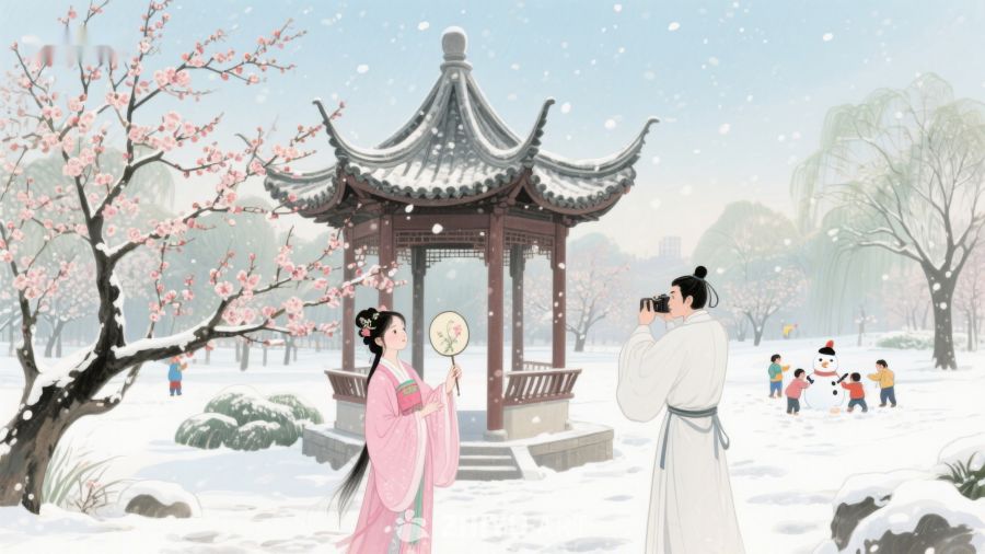 雪中古亭，人物对望 1105