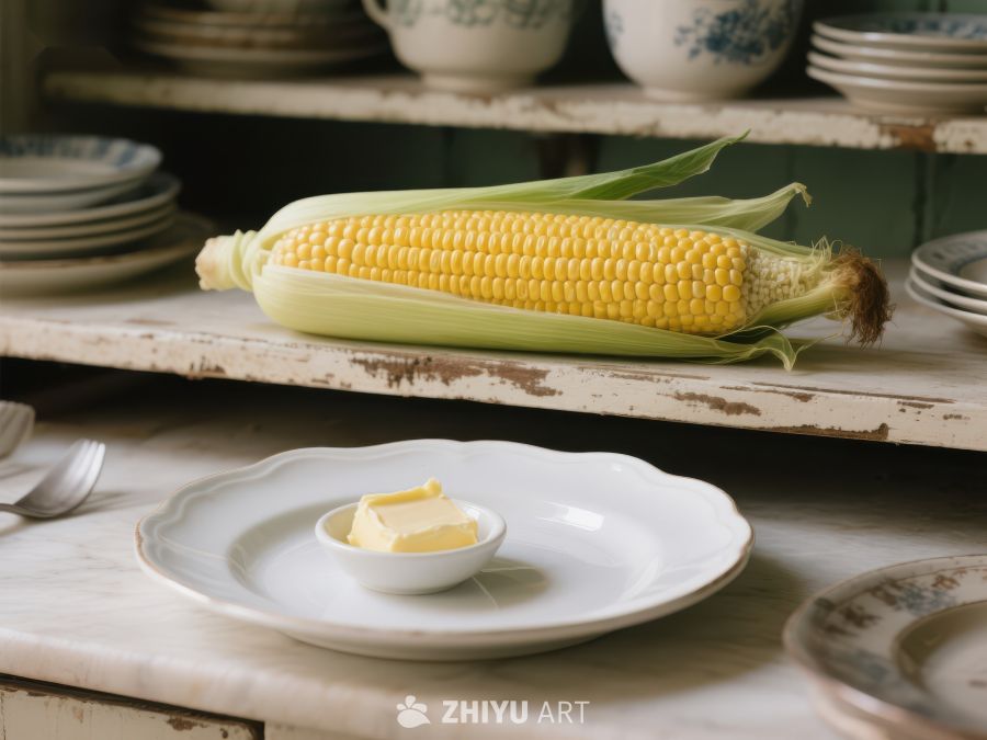新鲜玉米与碟中黄油的静物组合 543