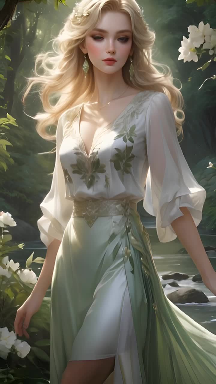 一位有着金色长发和蓝色眼睛的女性站在绿色的树木之间