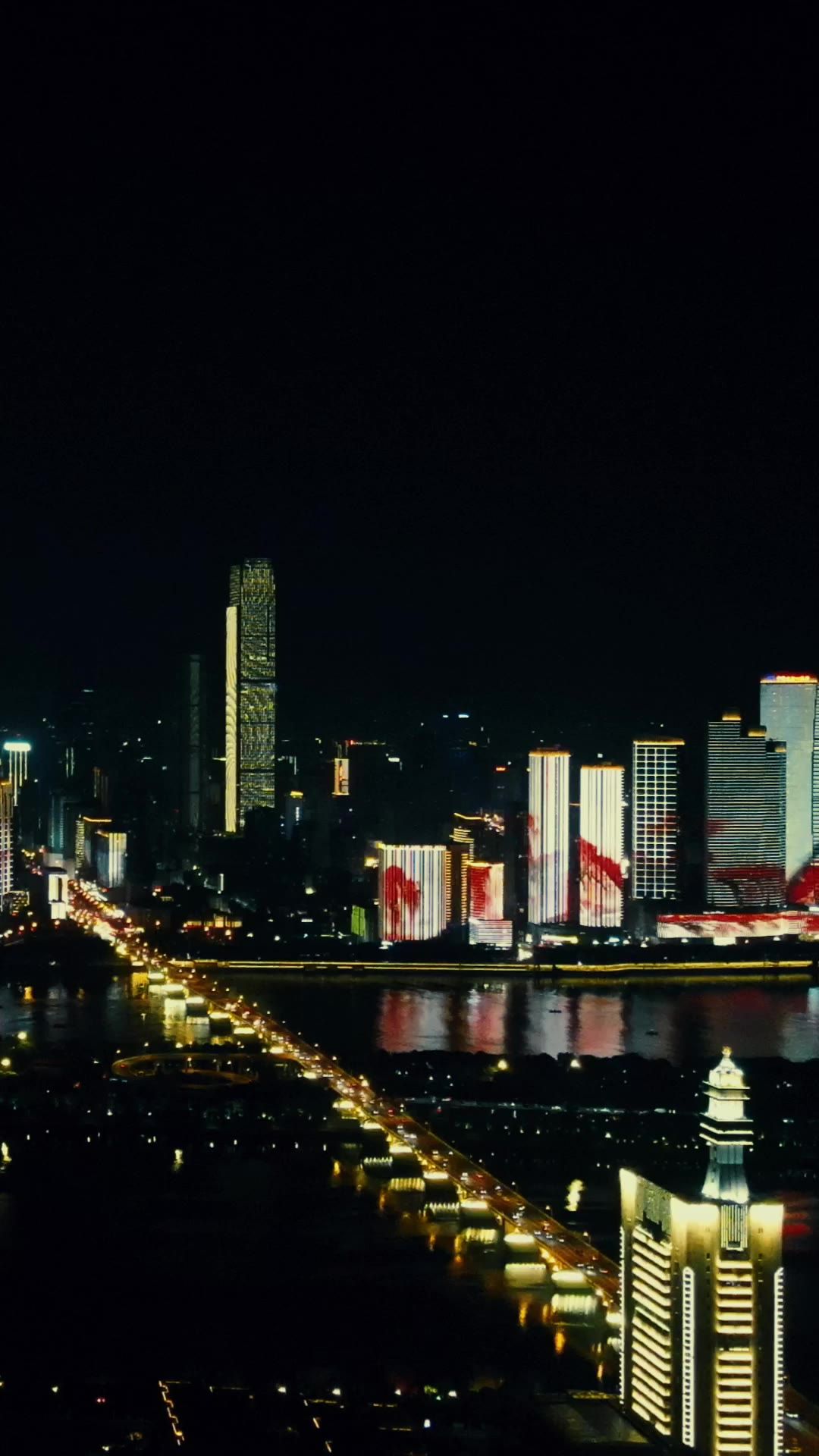 城市航拍湖南长沙湘江夜景