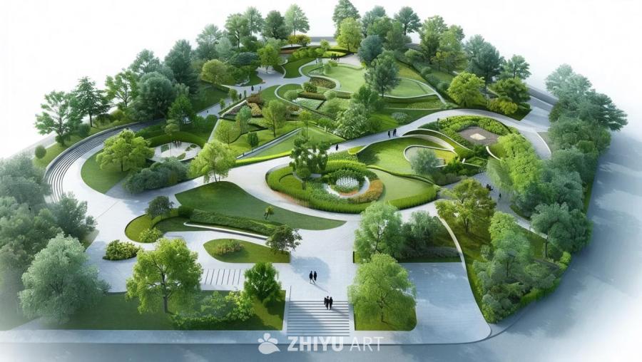 一个公园的建筑规划图，其中包含树木、草地、步道和台