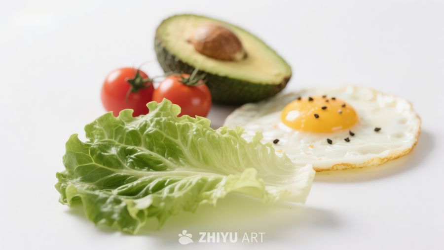 新鲜食材组合：鸡蛋、牛油果与蔬菜