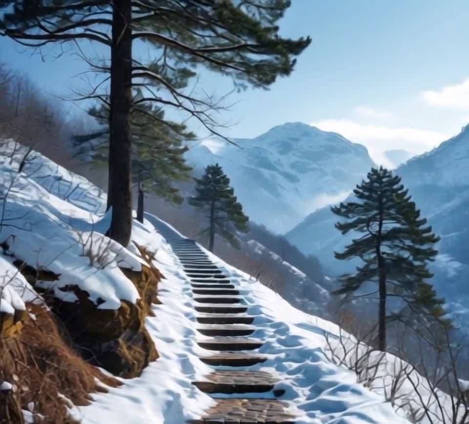 一条木质阶梯蜿蜒向上延伸，阶梯两侧覆盖着皑皑白雪，