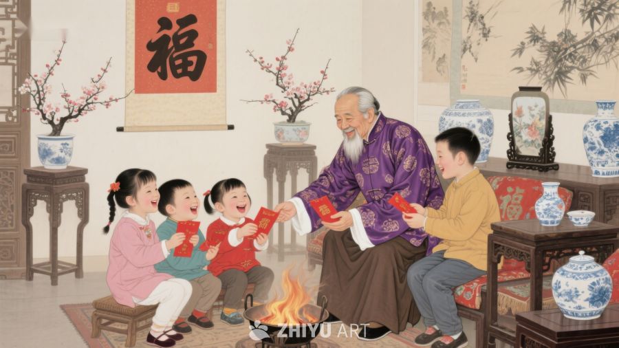 老人分发红包，孩童欢笑迎新年 617