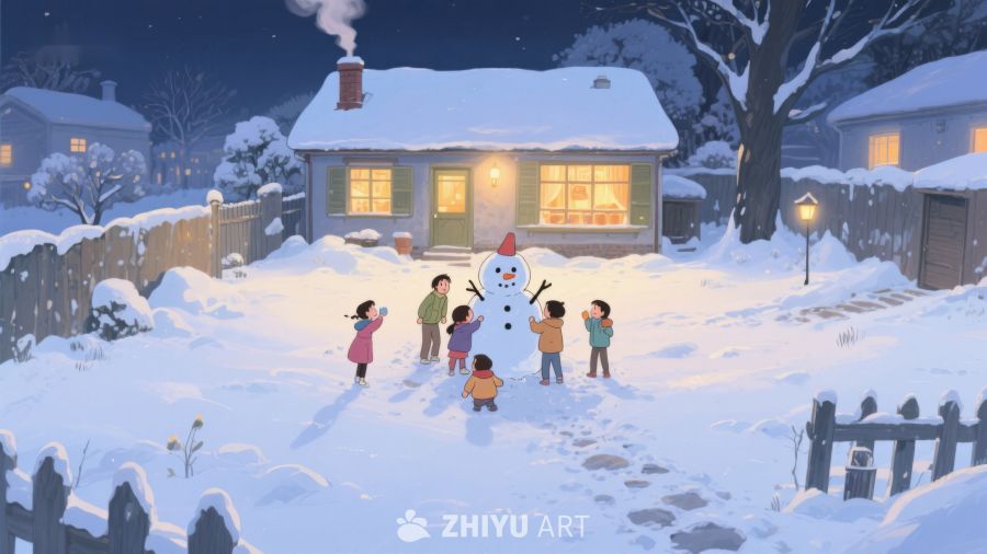 冬夜雪地，孩子们与雪人共乐 94