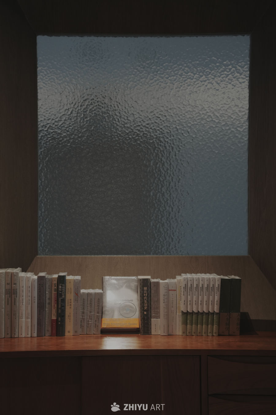 书架与磨砂玻璃窗