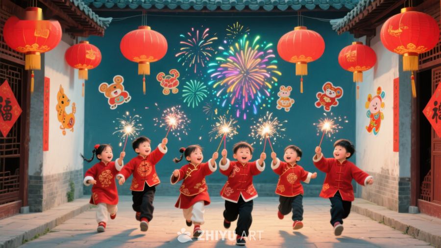 孩童欢庆春节，手持烟花笑逐颜开 263