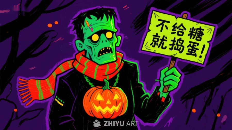 万圣节绿色怪物手持南瓜灯和标语
