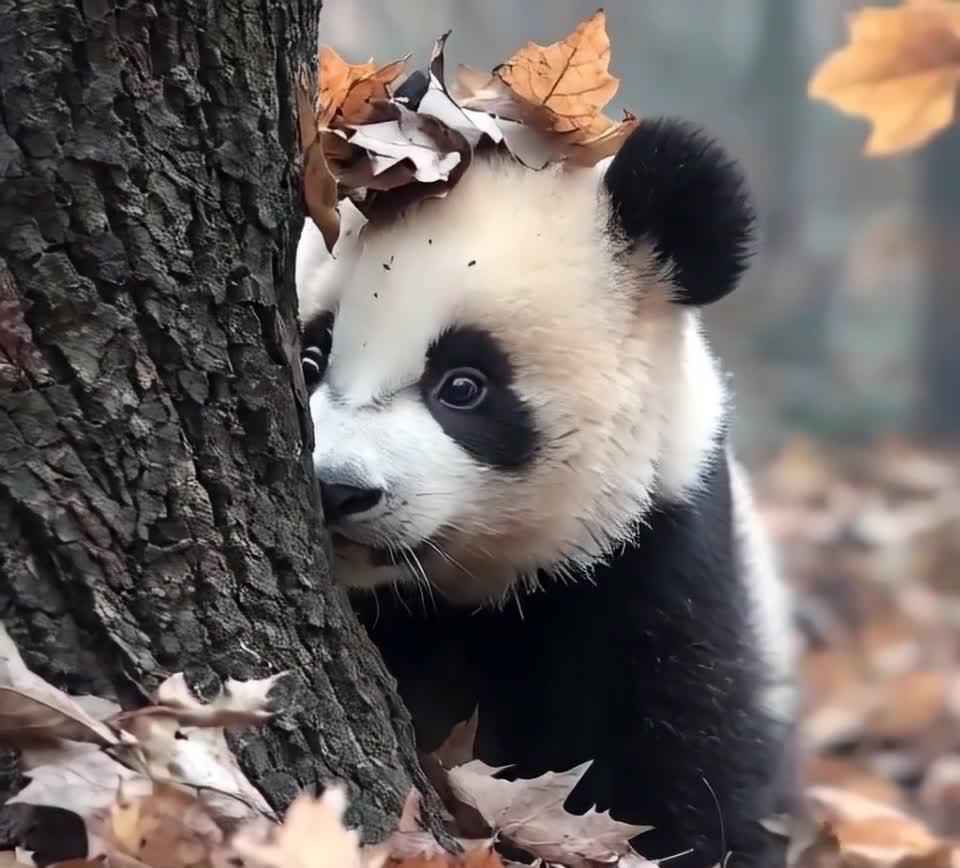 一只熊猫幼崽藏在一棵树后面。它的头部和上半身可见，