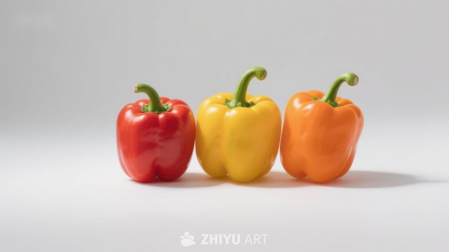 三种颜色的甜椒并排展示
