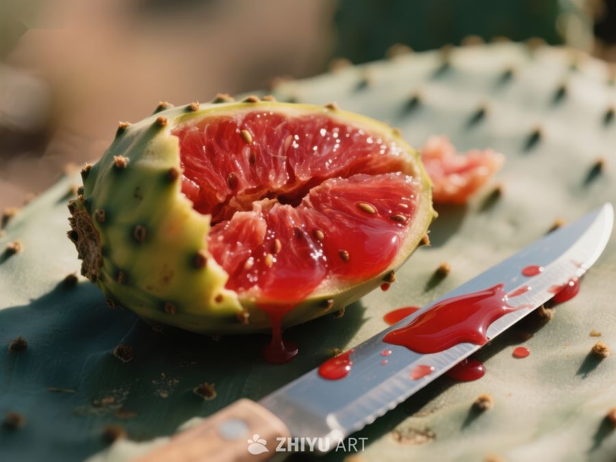 切开的仙人掌果与刀 388