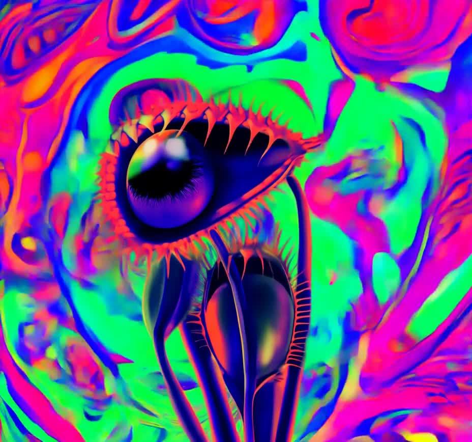 背景为迷幻风格的彩色波纹图案，主要由蓝色、绿色和粉