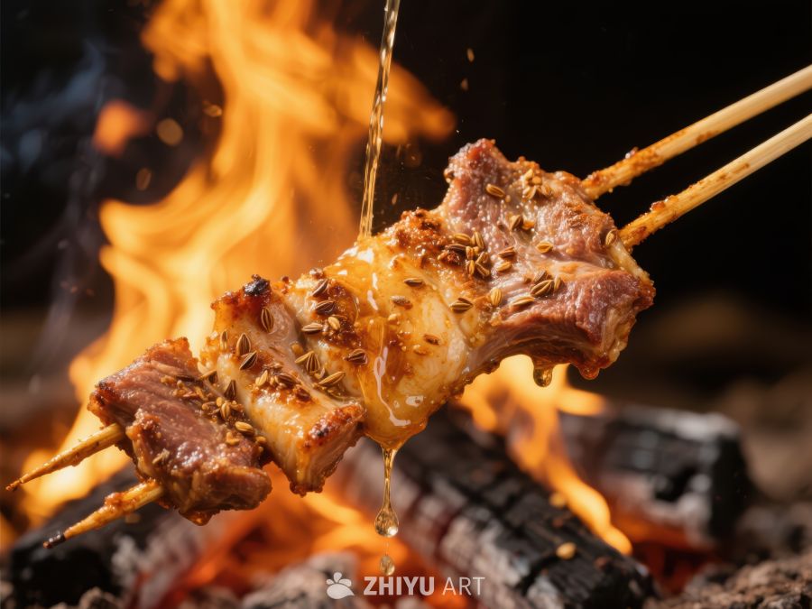 火焰炙烤的肉串特写