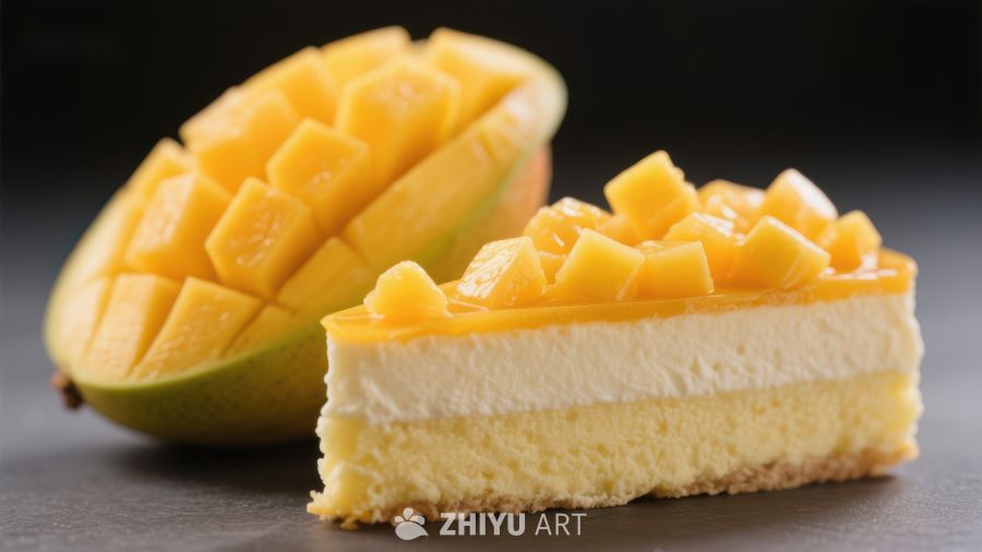 芒果芝士蛋糕切片与新鲜芒果