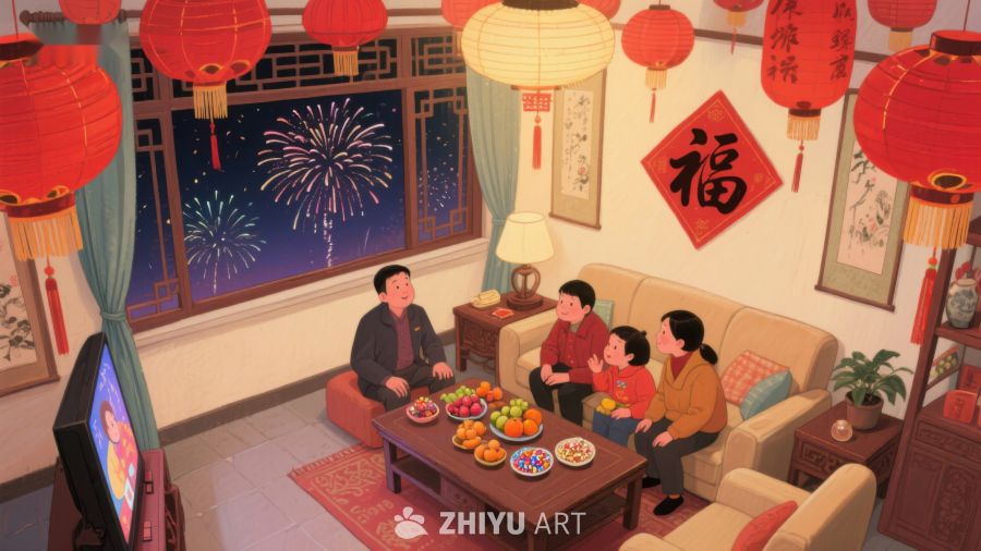 家庭欢聚观看烟花庆祝节日 46
