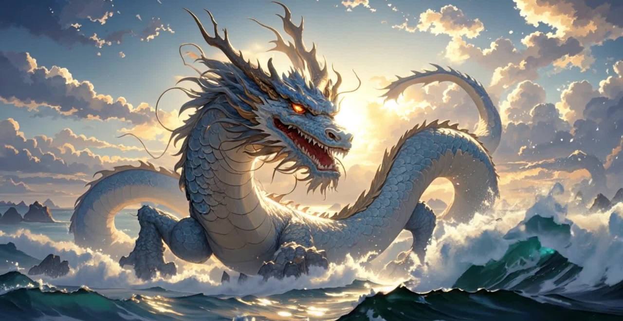 一条白龙在海浪中翻腾，镜头逐渐拉近。龙的头部细节清