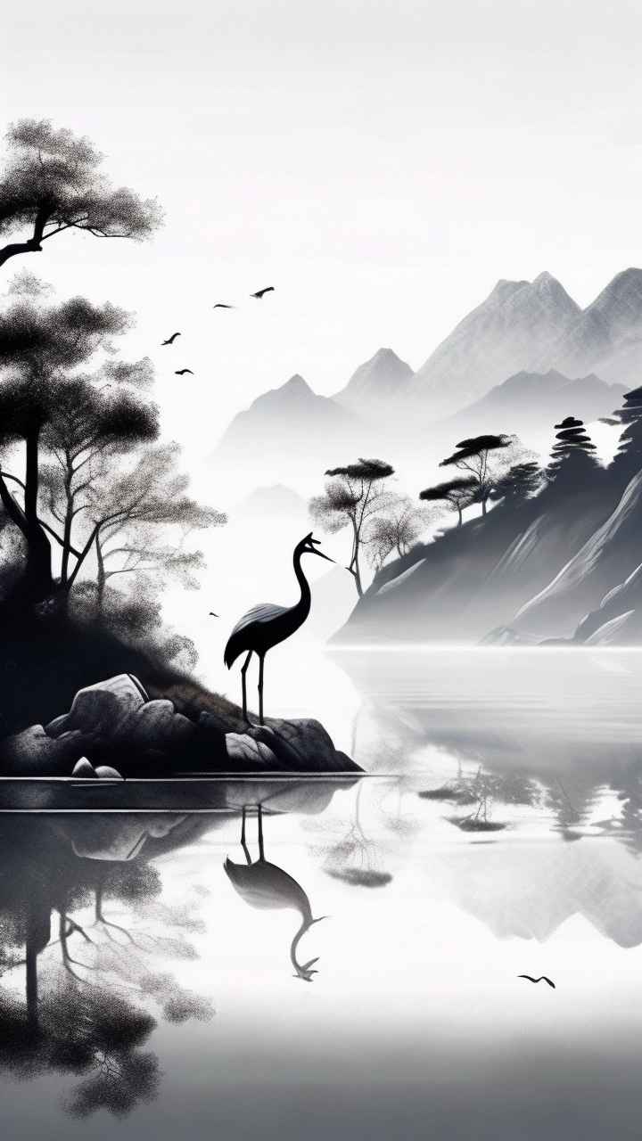 国风山水鹤插画背景 75