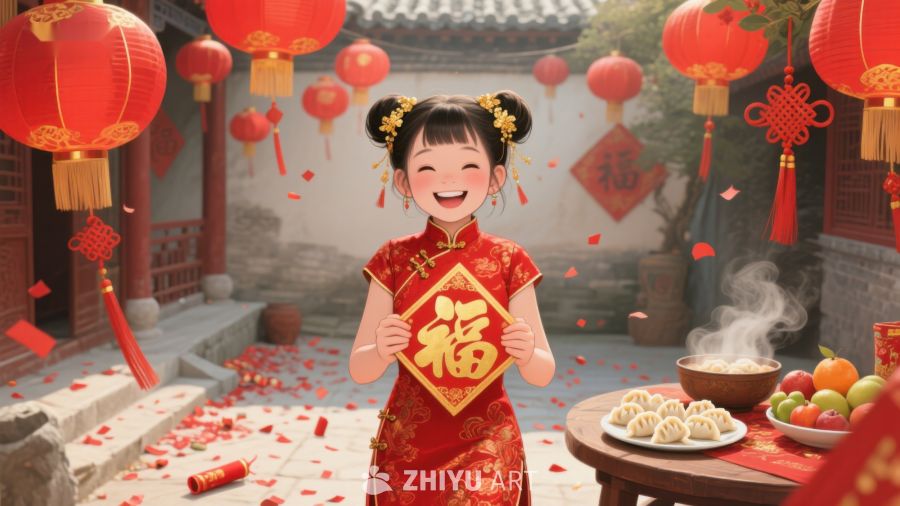 小女孩手持福字庆祝春节 967