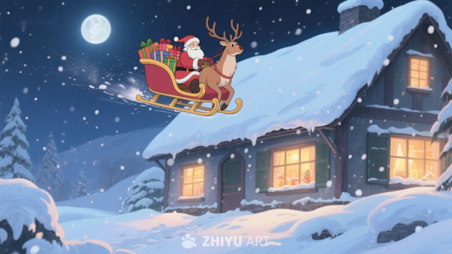 圣诞老人乘雪橇飞过雪夜小屋 179