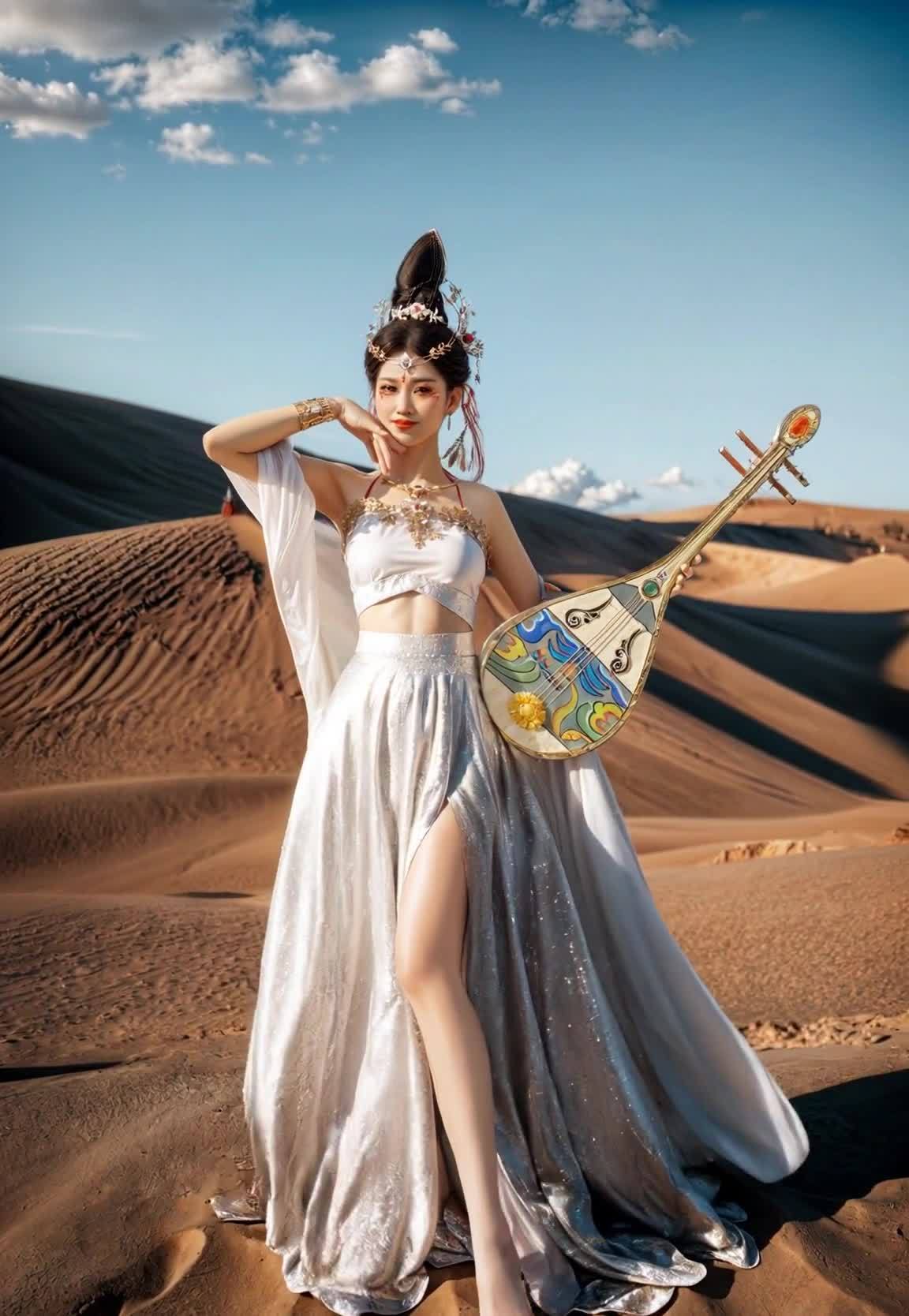 一位身着白色抹胸和银色长裙的女子站在沙漠中。她的发