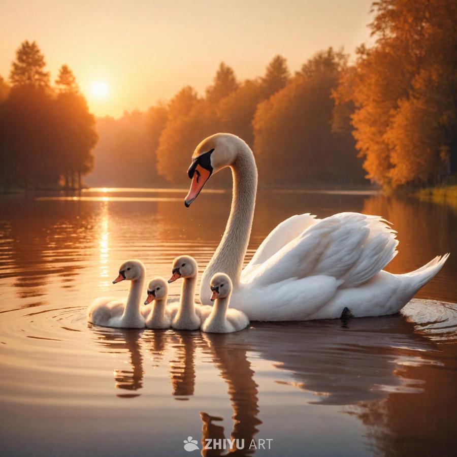夕阳的橙色光芒洒在美丽的湖面上，一只天鹅妈妈带着四