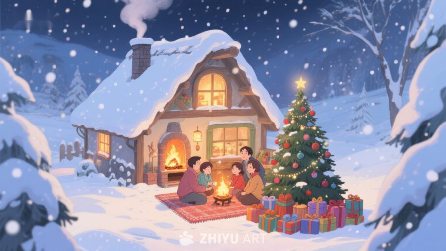 雪夜温馨圣诞树前的家庭聚会 419