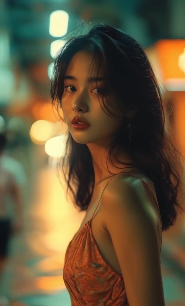 青橙色调夜景：吊带裙女孩回眸