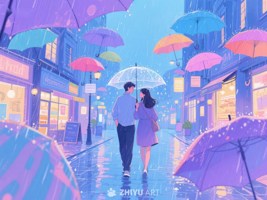 雨夜漫步，伞下温情 1070