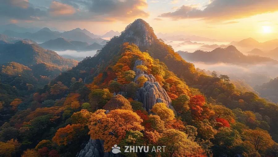 从高空视角拍摄了南岳衡山祝融峰，秋日的阳光照耀着山