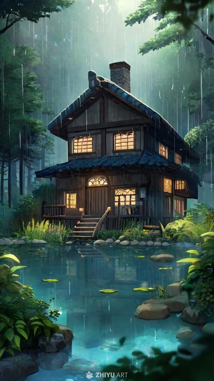 午夜时分，一座小房子坐落在茂密葱郁的森林中。房子有
