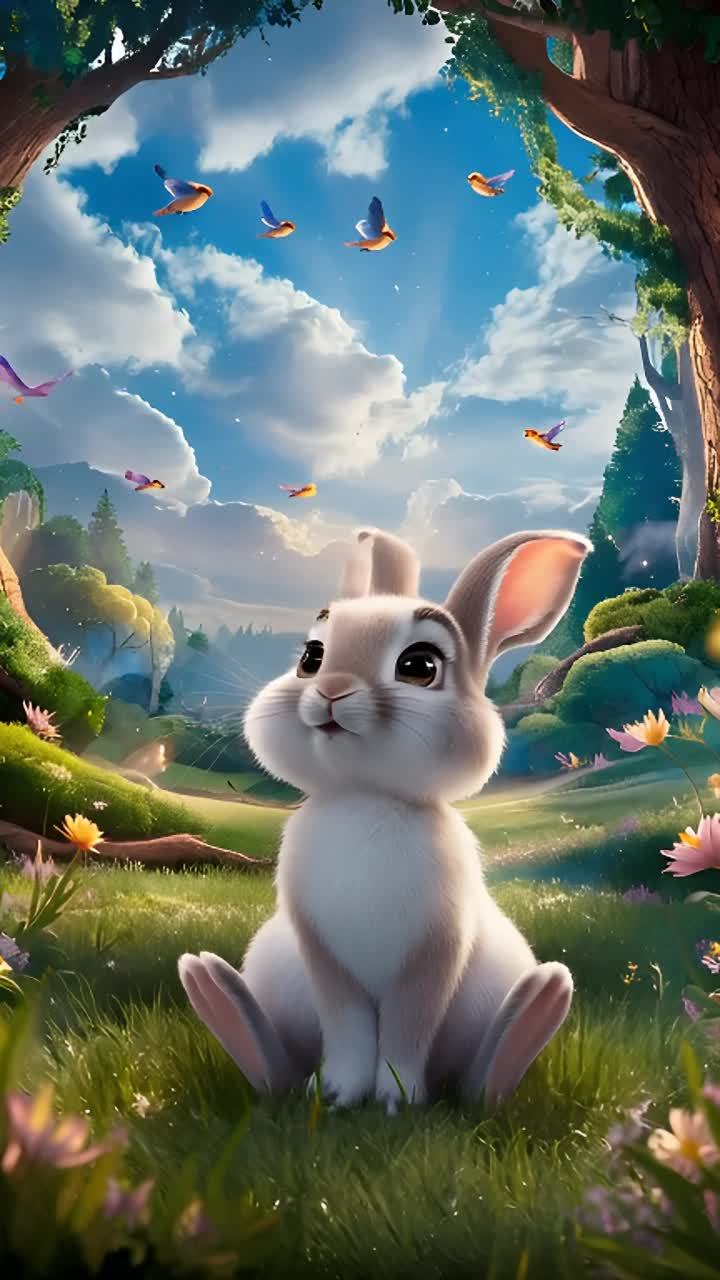 一只白色的小兔子，眼睛充满幻想，坐在一个绿油油的空