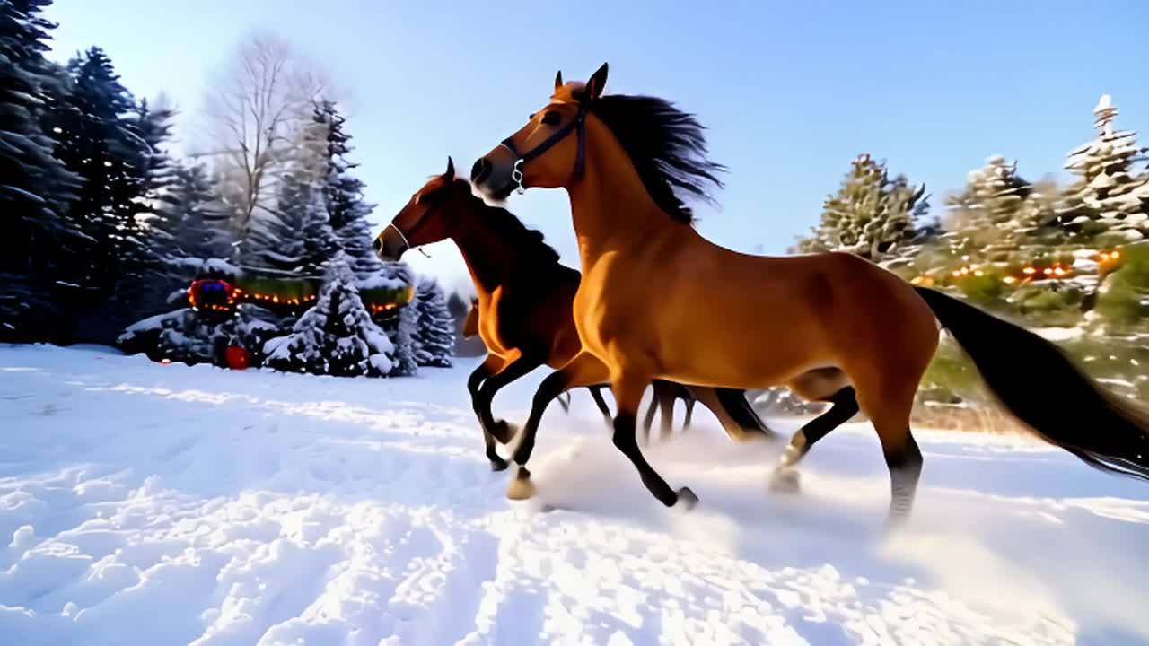 雪地上，三匹棕色的马正在奔跑，它们的蹄子踢起雪花。