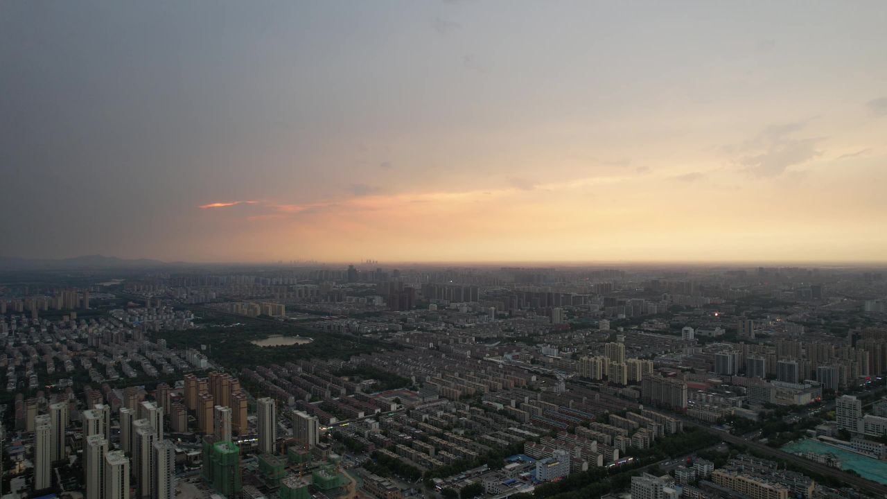 山东淄博城市大景晚霞航拍