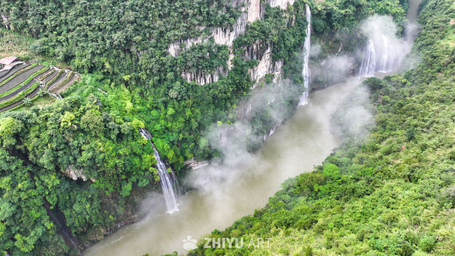 航拍山间峡谷瀑布  瀑布水流 8