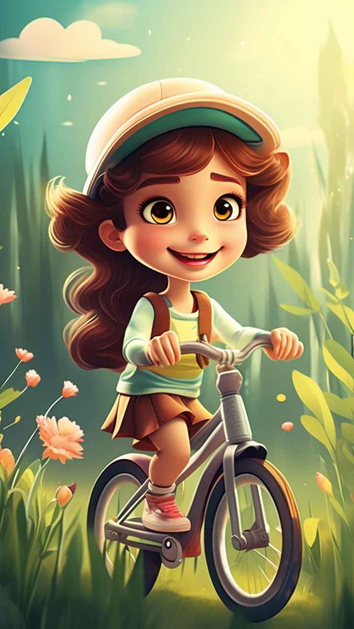 卡通可爱的女孩骑自行车梦幻般的意象 22
