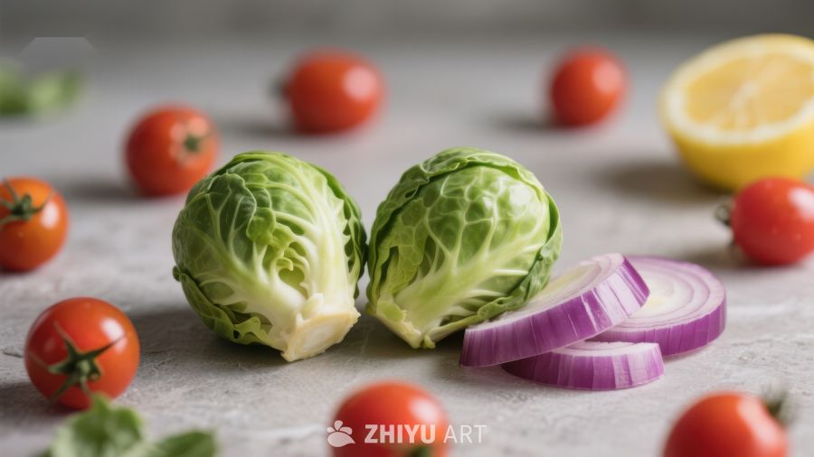 新鲜蔬菜组合：卷心菜、洋葱与樱桃番茄