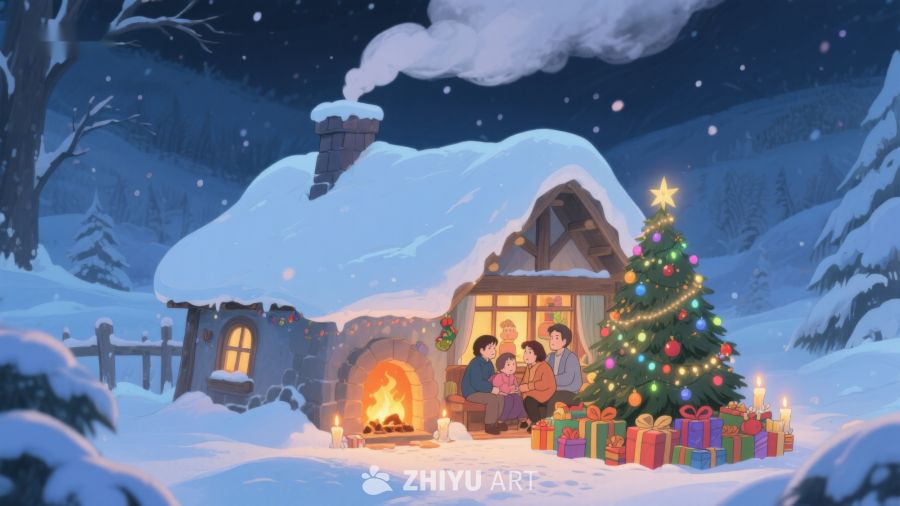 冬夜温馨小屋前的圣诞树 91