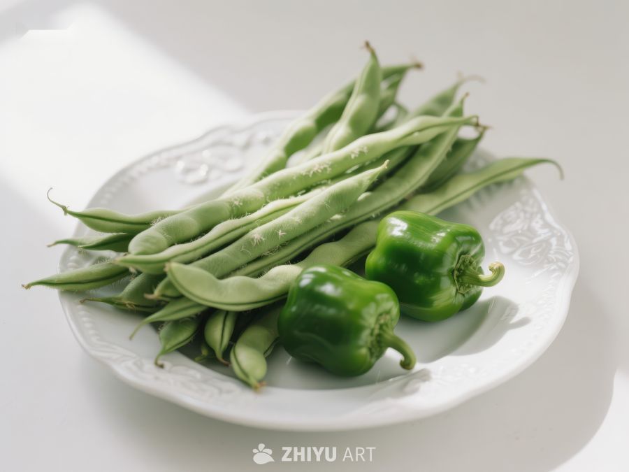 新鲜绿豆角与青椒置于白盘 569