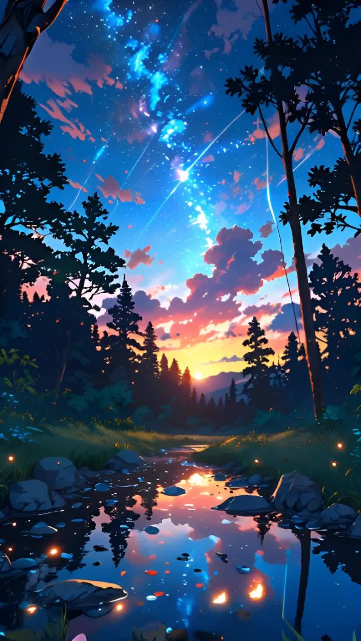 星空下，树木和山脉构成了森林的轮廓，河流蜿蜒穿过，