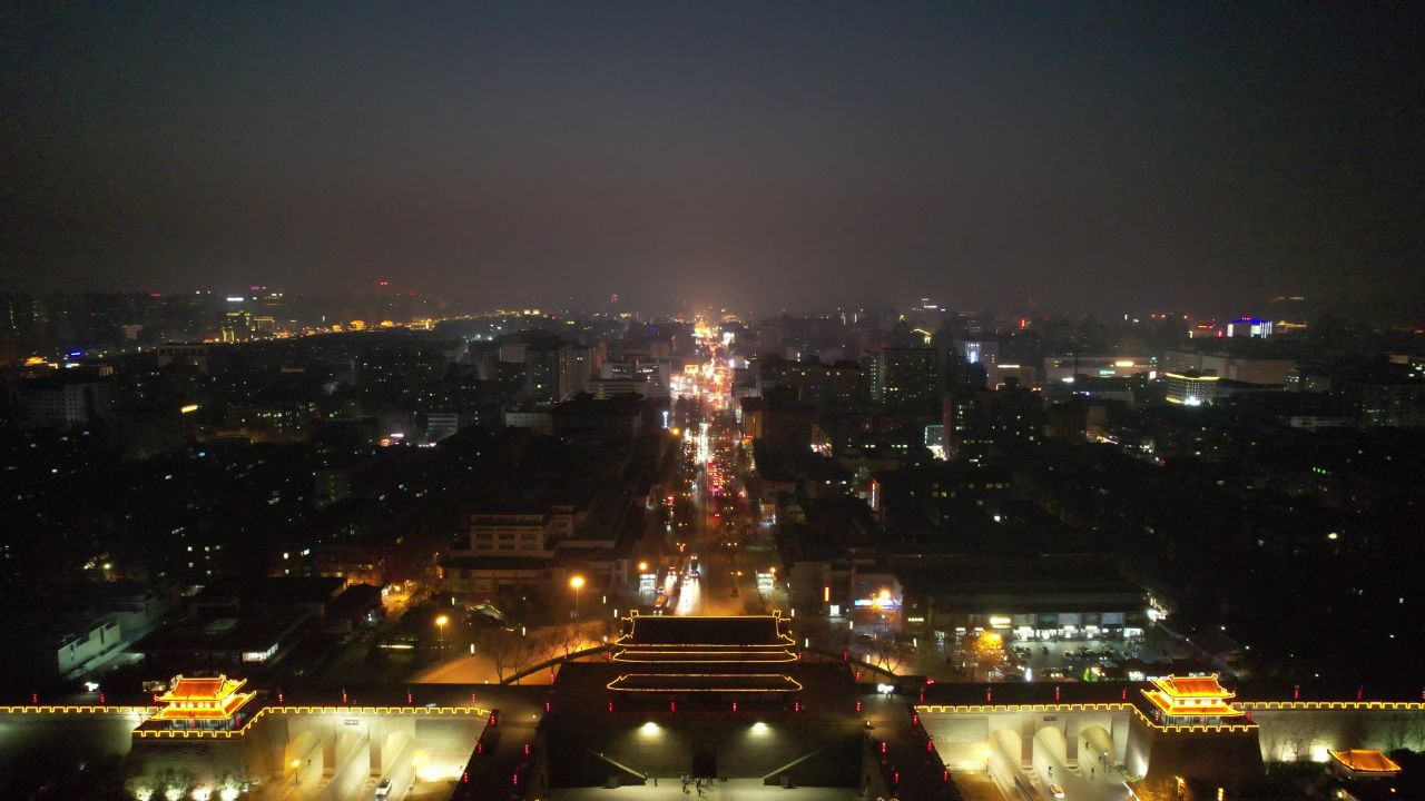 西安古城墙长乐门夜景灯光航拍 