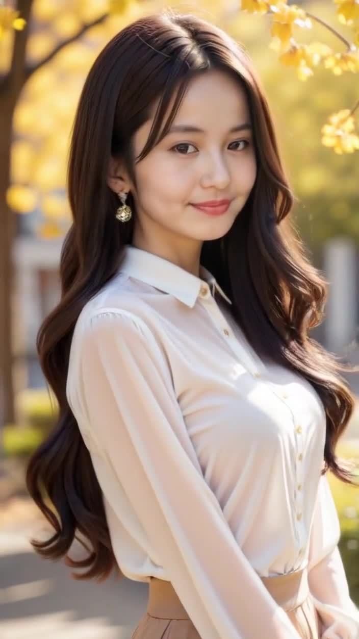 微笑的年轻女子户外写真，背景植物柔和