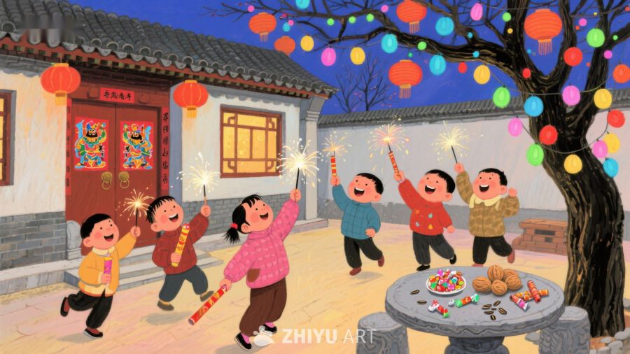 孩子们在庭院中燃放烟花庆祝节日 299