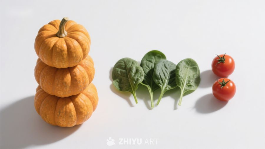 南瓜菠菜番茄静物摆拍