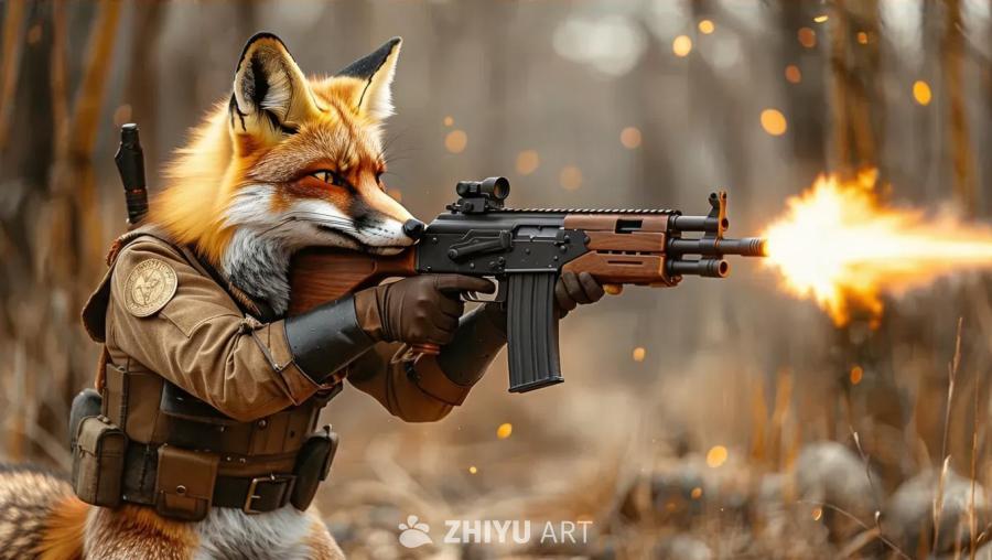 一只狐狸穿着棕色制服，戴着黑色手套，正在树林中射击